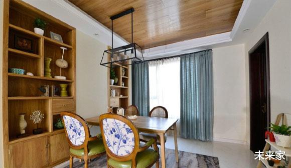 |美式风格四居室装修，餐厅装嵌入式餐边柜，全屋设计稳重大气！