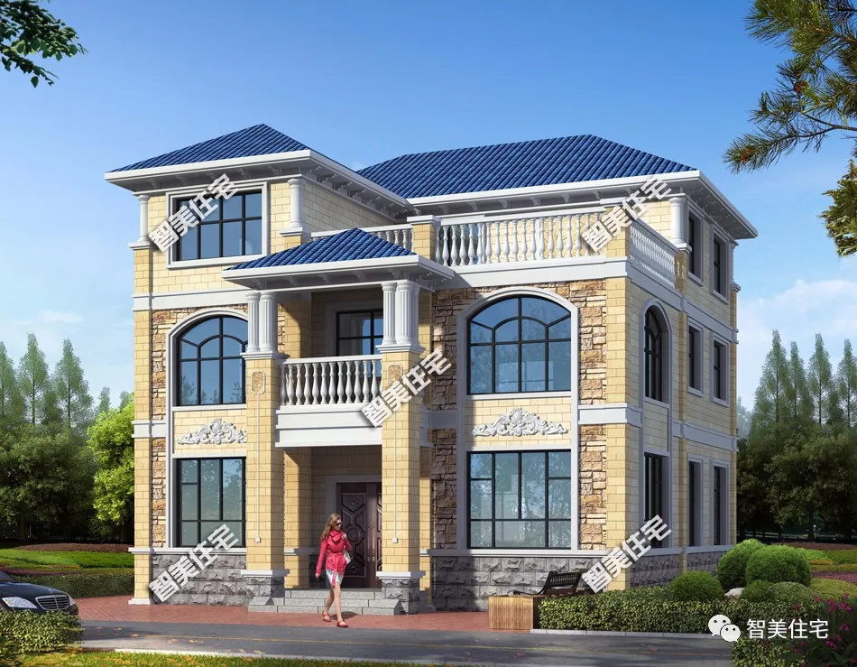 『』文化石+面砖装饰的农村别墅，宽11米多，第一栋客厅挑空