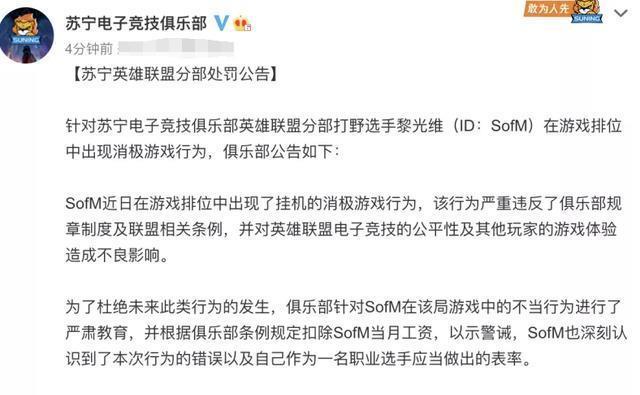 sofm|Sofm刚打完S10就被处罚？SN官宣扣一个月工资，玩家：首富亏大了