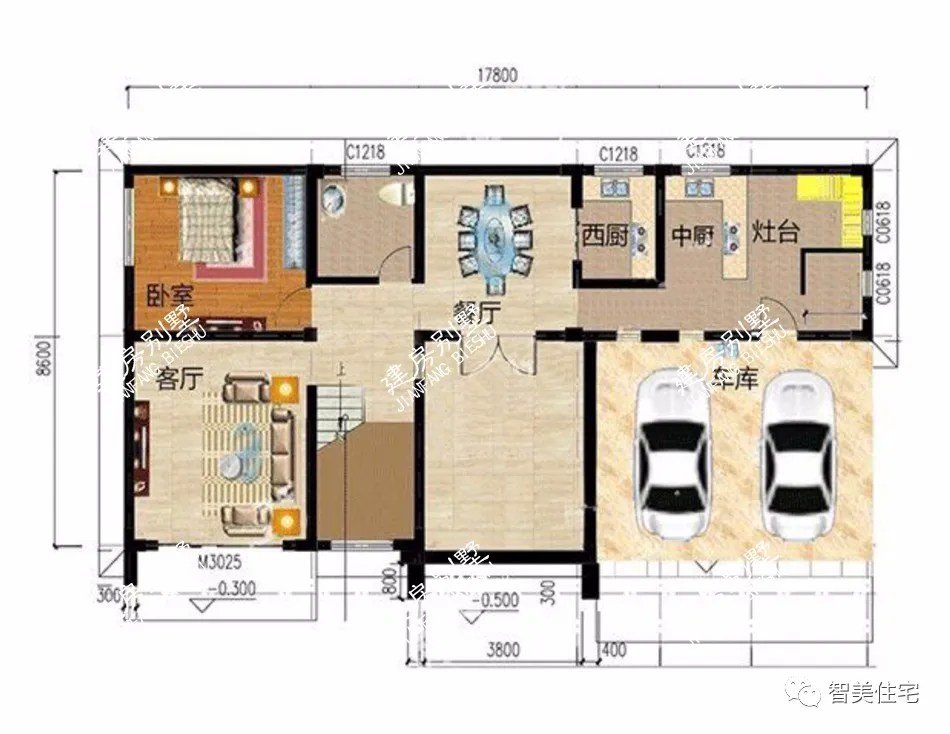 「」带庭院设计的两栋别墅，中西式风格，都带传统土灶