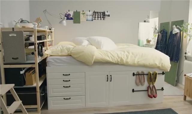 【】10㎡能做什么？宜家可打造多功能卧室，床体侧面可收纳6双鞋子