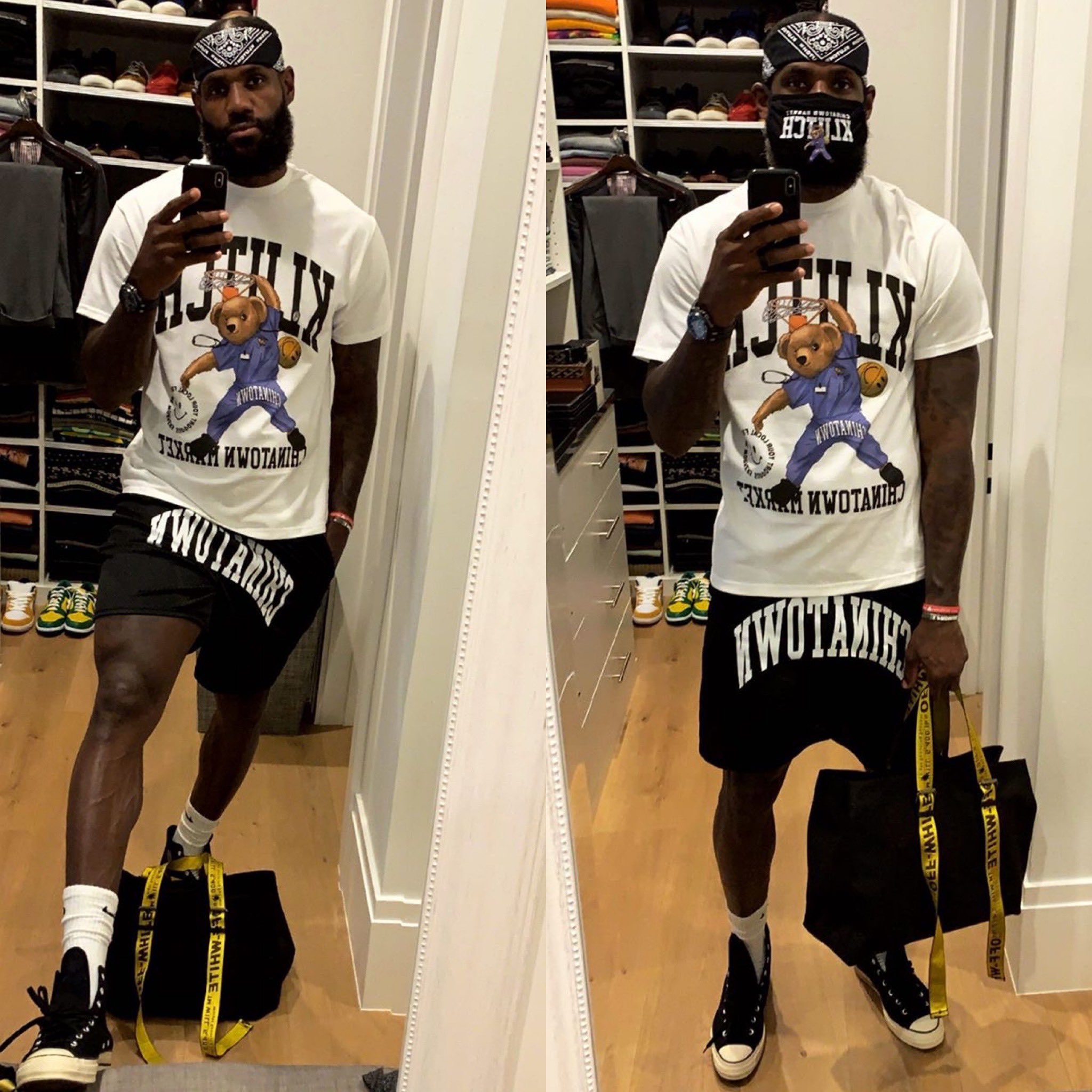 『勒布朗·詹姆斯』詹姆斯戴口罩拍照!脚踩板凳+单手抄兜,浑身童趣仍不失大佬范