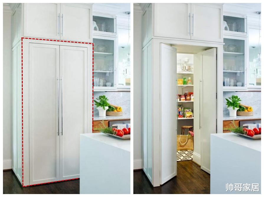 |橱柜装在厨房中间,用柜子做隐藏门,推开门多个储物间太惊艳了!