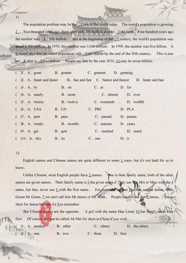 []初中英语：完形填空专项练习题！值得收藏，啃透中考不会扣一分