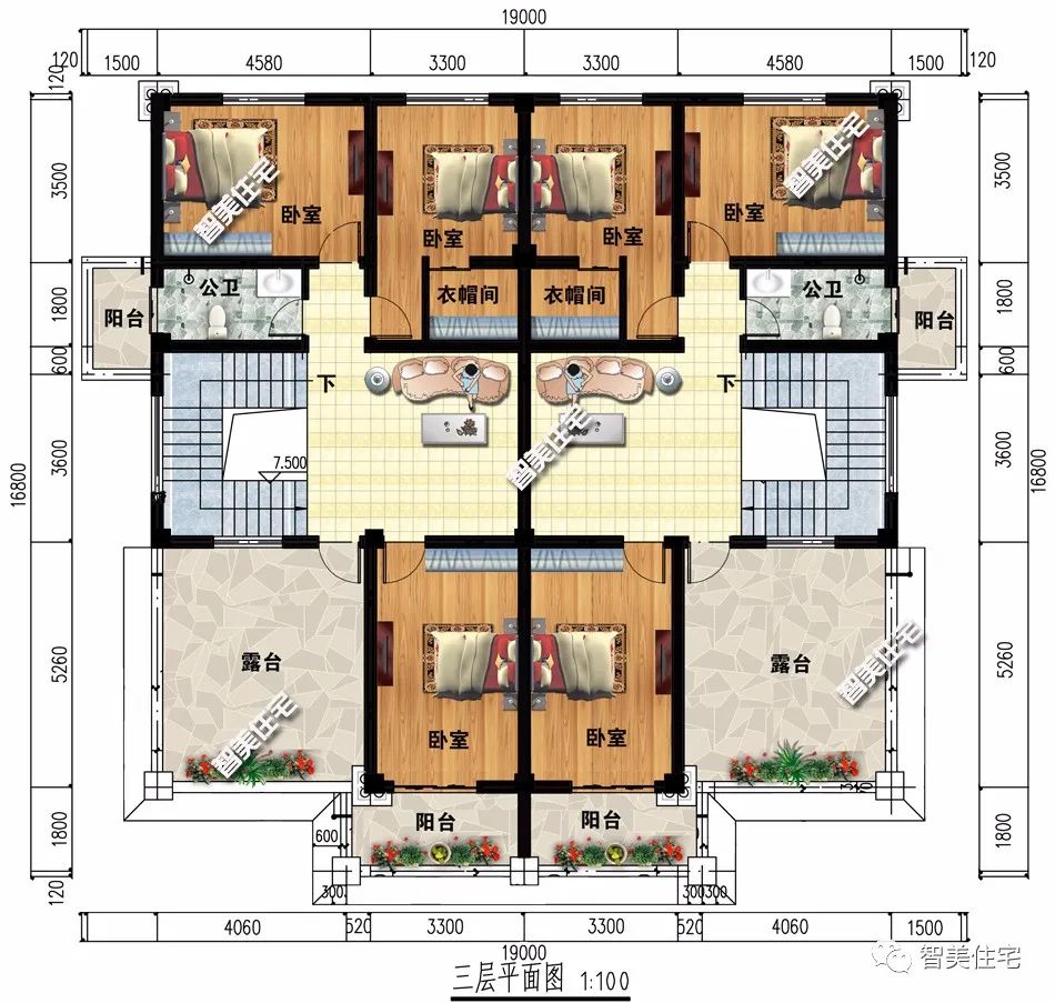 |平屋面设计的两栋双拼别墅,卧室数量合适,室外休闲平台多
