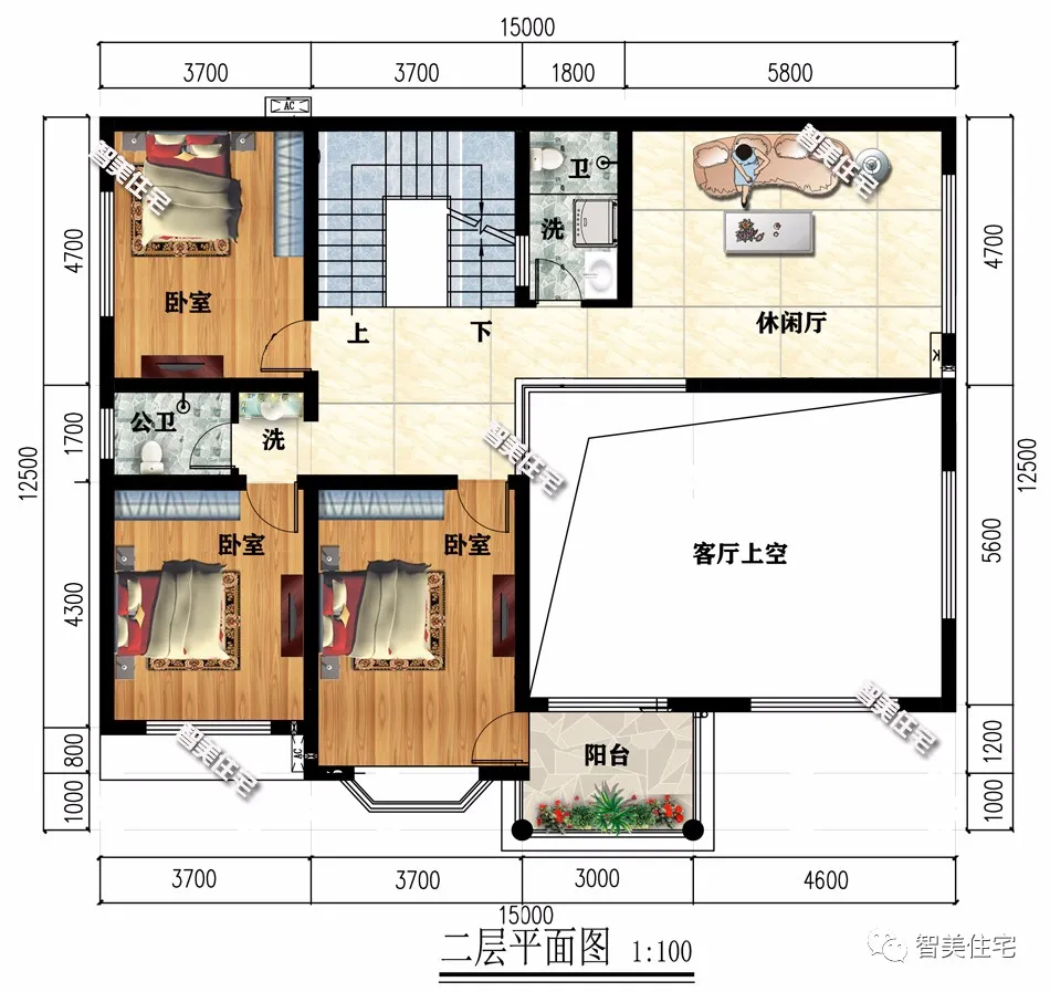 ▲两栋平屋面设计的乡村别墅，客厅挑空，第二栋卧室多配置全