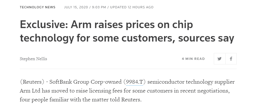 ARM|路透：Arm要求调涨部分客户IP授权费