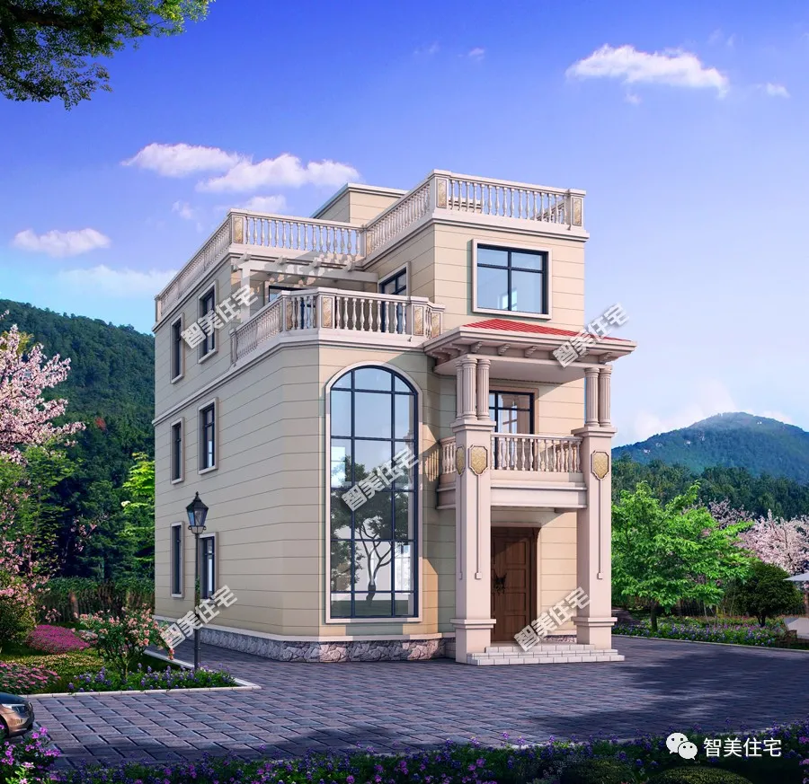 |面宽小进深大的两栋农村别墅，挑空客厅+平屋面，外观风格很相似