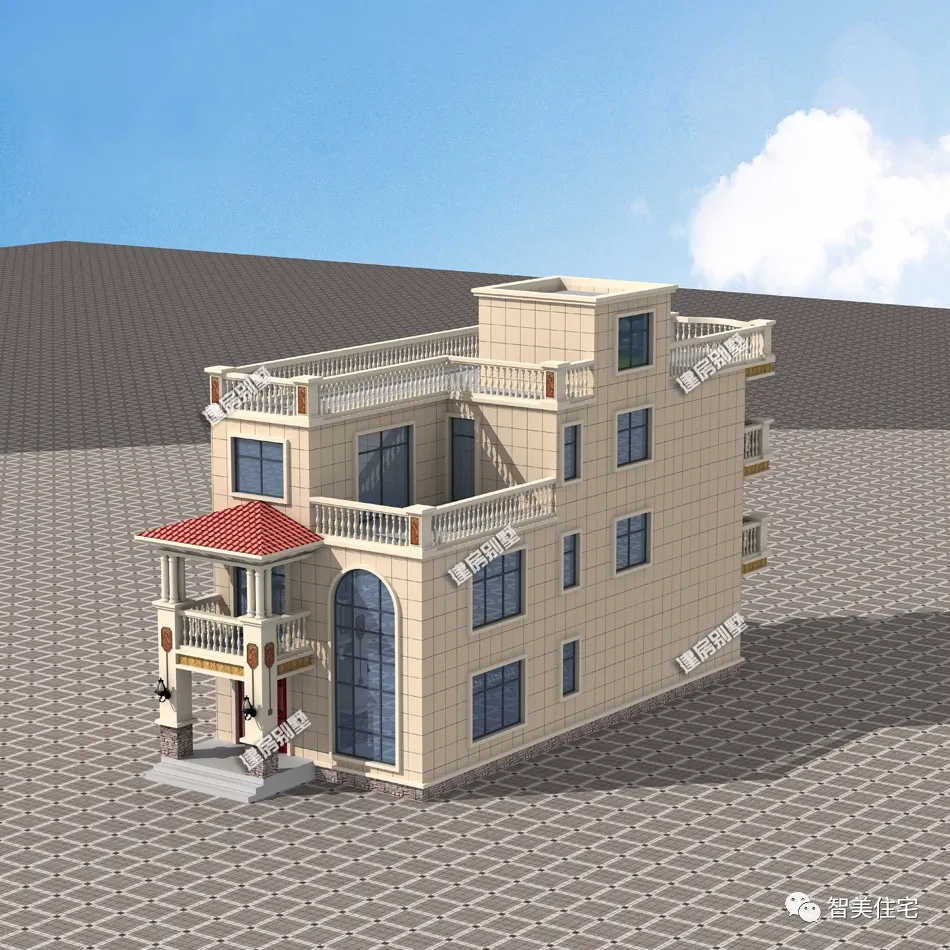 |面宽小进深大的两栋农村别墅，挑空客厅+平屋面，外观风格很相似