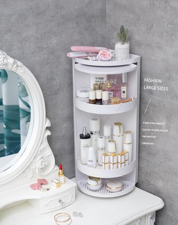 洗手台物品总被水溅湿？这款防溅水收纳架拯救你！带旋转门更贴心