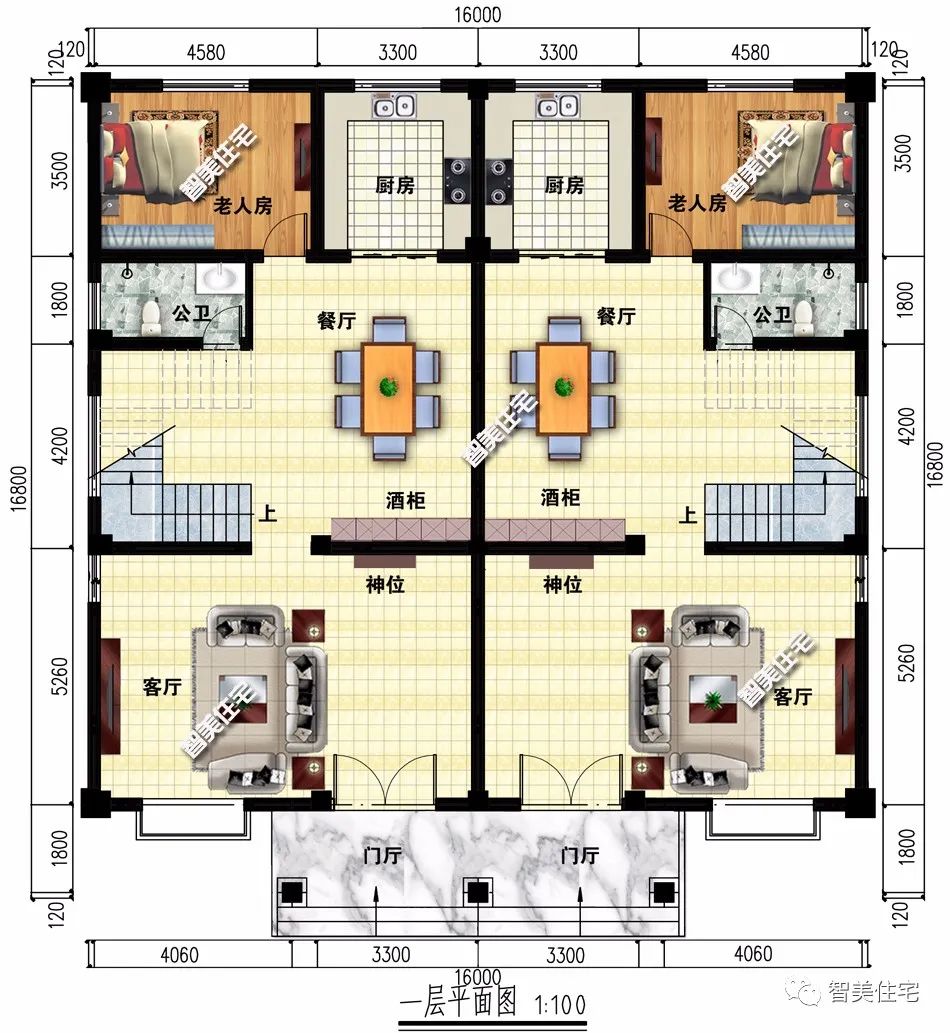 |平屋面设计的两栋双拼别墅,卧室数量合适,室外休闲平台多