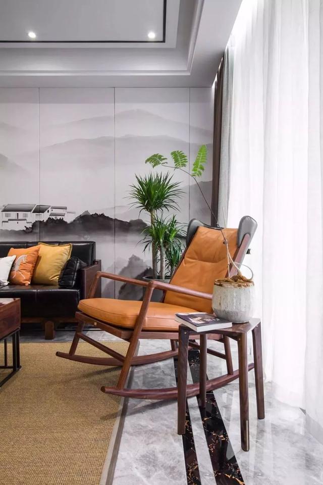 「」130㎡新中式三房典雅大气收纳好,尤其是大理石电视墙壁龛收纳