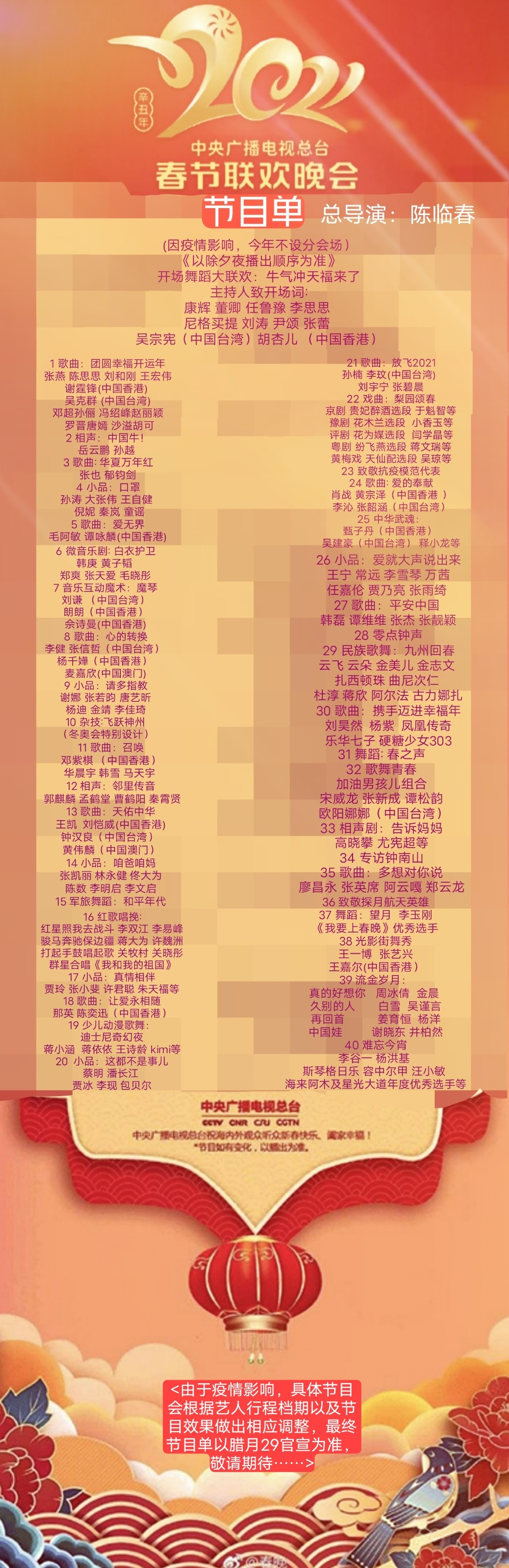 央视|中央电视台2021春节联欢晚会节目安排