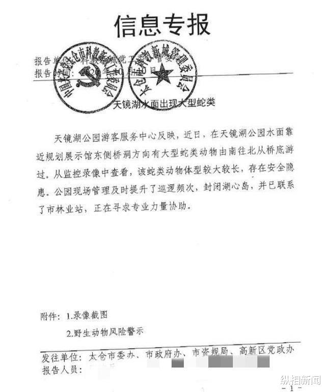 纵相新闻|网传苏州太仓天镜湖出现大型蛇类？工作人员：半个月前现身监控，还未抓到