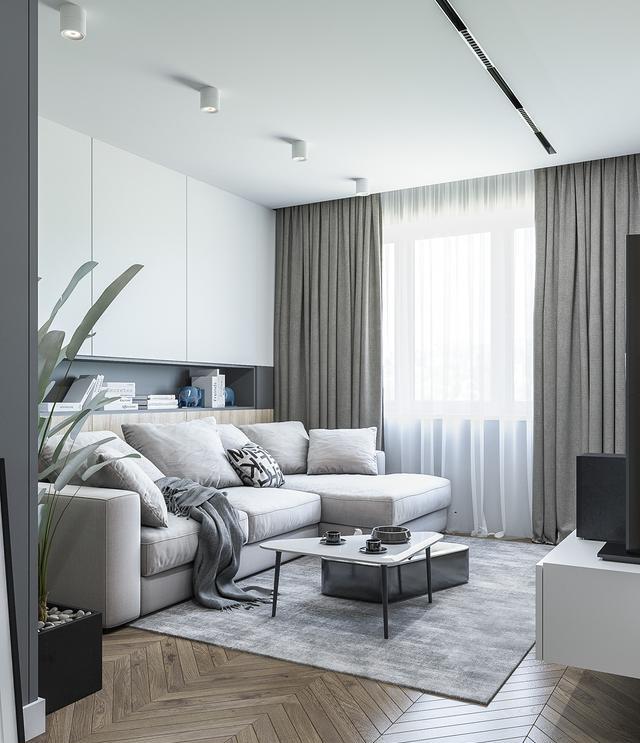 []客厅沙发不靠墙，留出25公分打个上下柜，连打柜子的师傅都点赞！