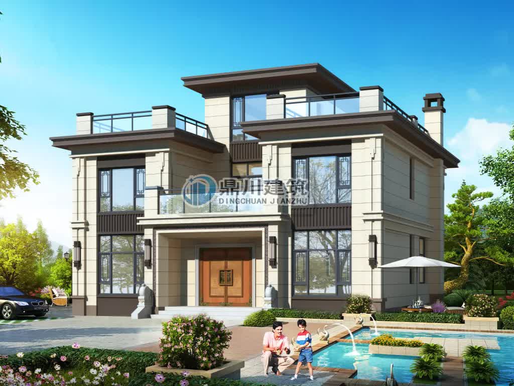 |13×12米，新中式平屋顶二层别墅，堂屋+大卧室设计