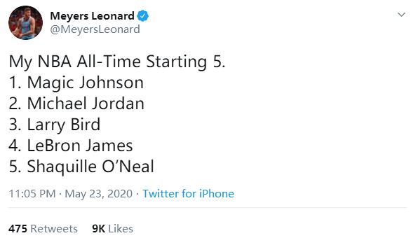 #科怀·伦纳德#伦纳德晒出心中的最佳阵容,共获得21个总冠军,5人统治了近40年