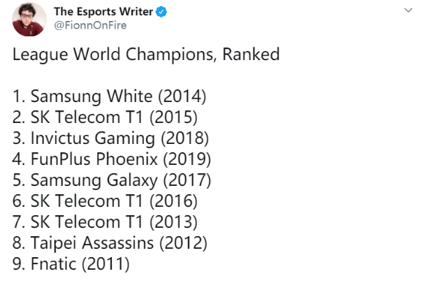 【skt】外媒记者评选历届S赛冠军排名：三星白第一，2015年的SKT第二