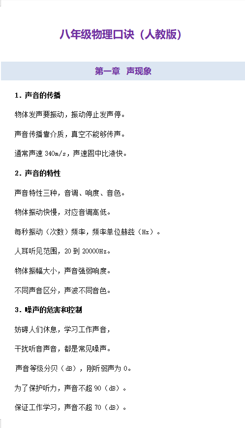 物理|八年级物理知识点记忆口诀, 学习必备! 考前必看！值得收藏