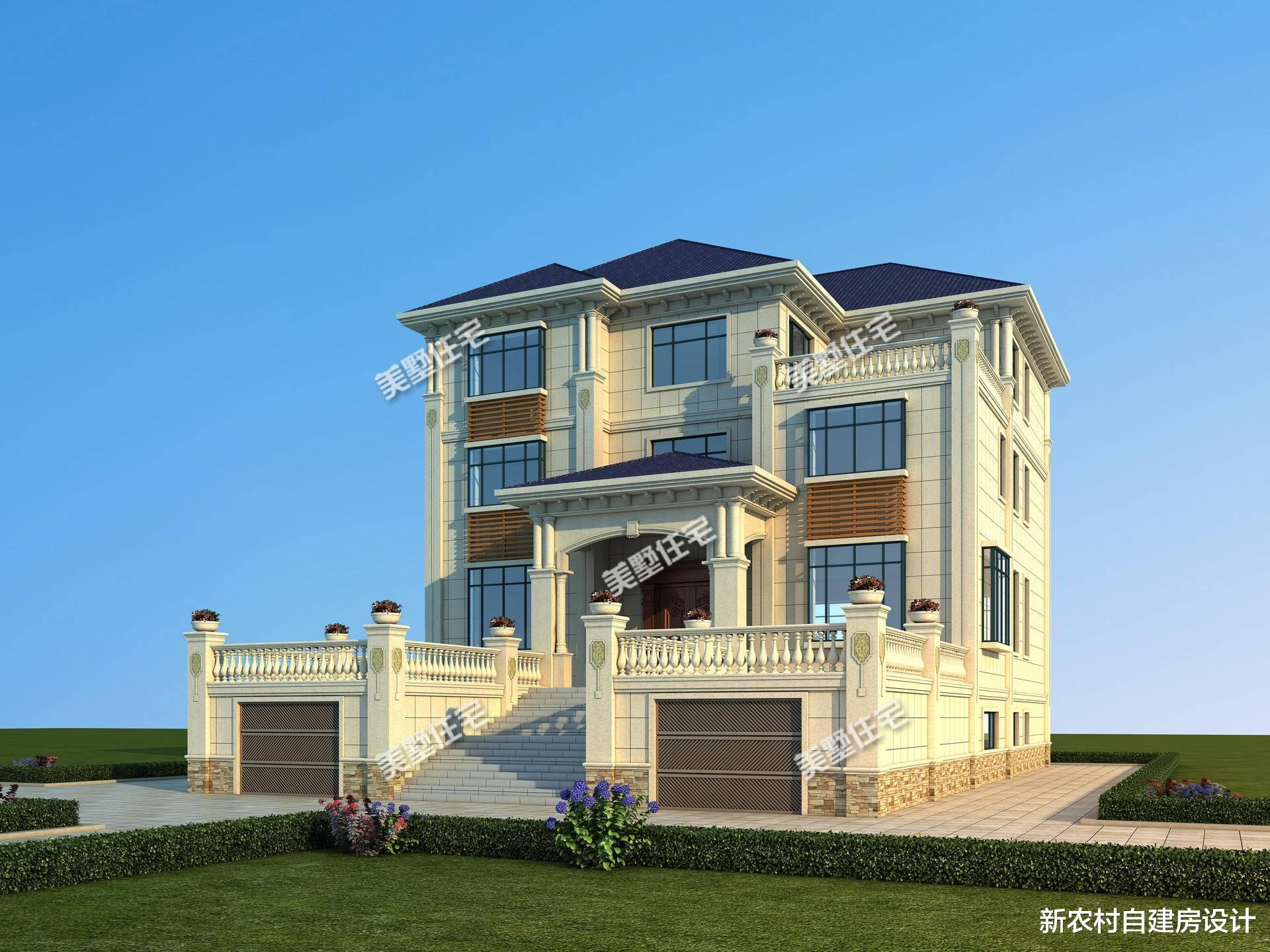 ▲带双车库的三层别墅，入户口有楼梯和大露台，村里人都爱来这坐坐