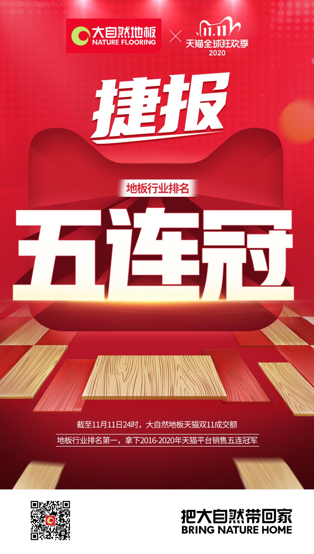 小米科技|捷报！大自然地板天猫京东双11销售地板行业排名首位