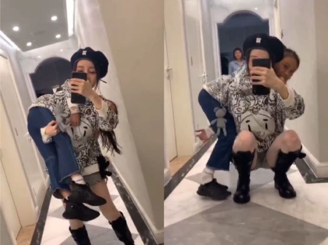 李小璐|李小璐甜馨穿母女装挑战妈妈力，单肩扛女儿腿发抖，甜馨体重遭吐槽