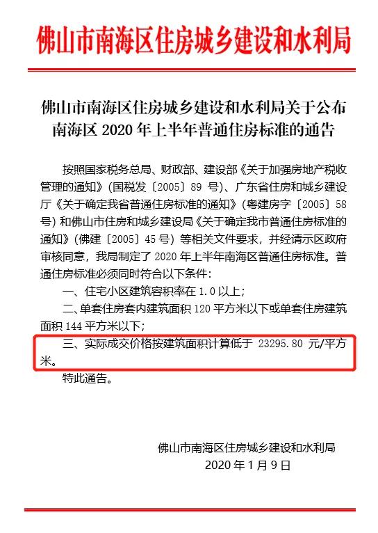 再上调784.73元/平！南海发布2020上半年普通住房标准