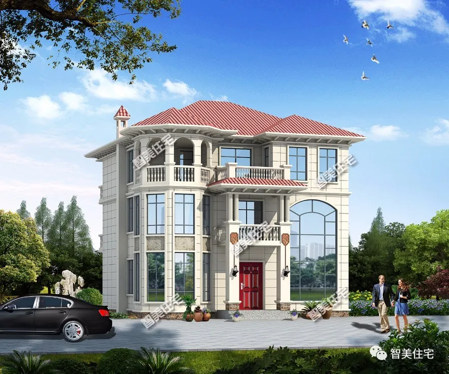 3栋配多边形窗的别墅，都很有个性，第二栋还带地下室