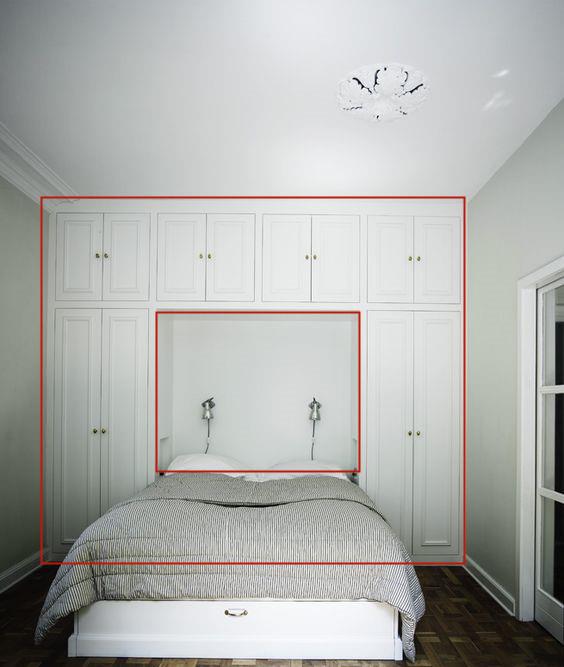 |床头靠墙打一圈柜子，储物空间瞬间多5平，两侧掏空床头柜也有了