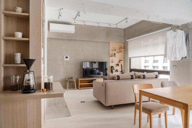 56㎡小户型把客餐厅做全开放，一个人住也舒服自在。