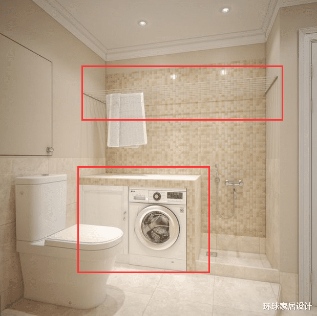 |卫生间淋浴旁砌隔断，内塞洗衣机上装晾衣绳，多个洗衣房人见人夸