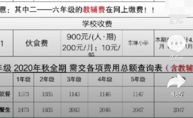 中小学|开学的一张小学收费表，课后服务费720元，伙食费每人900元