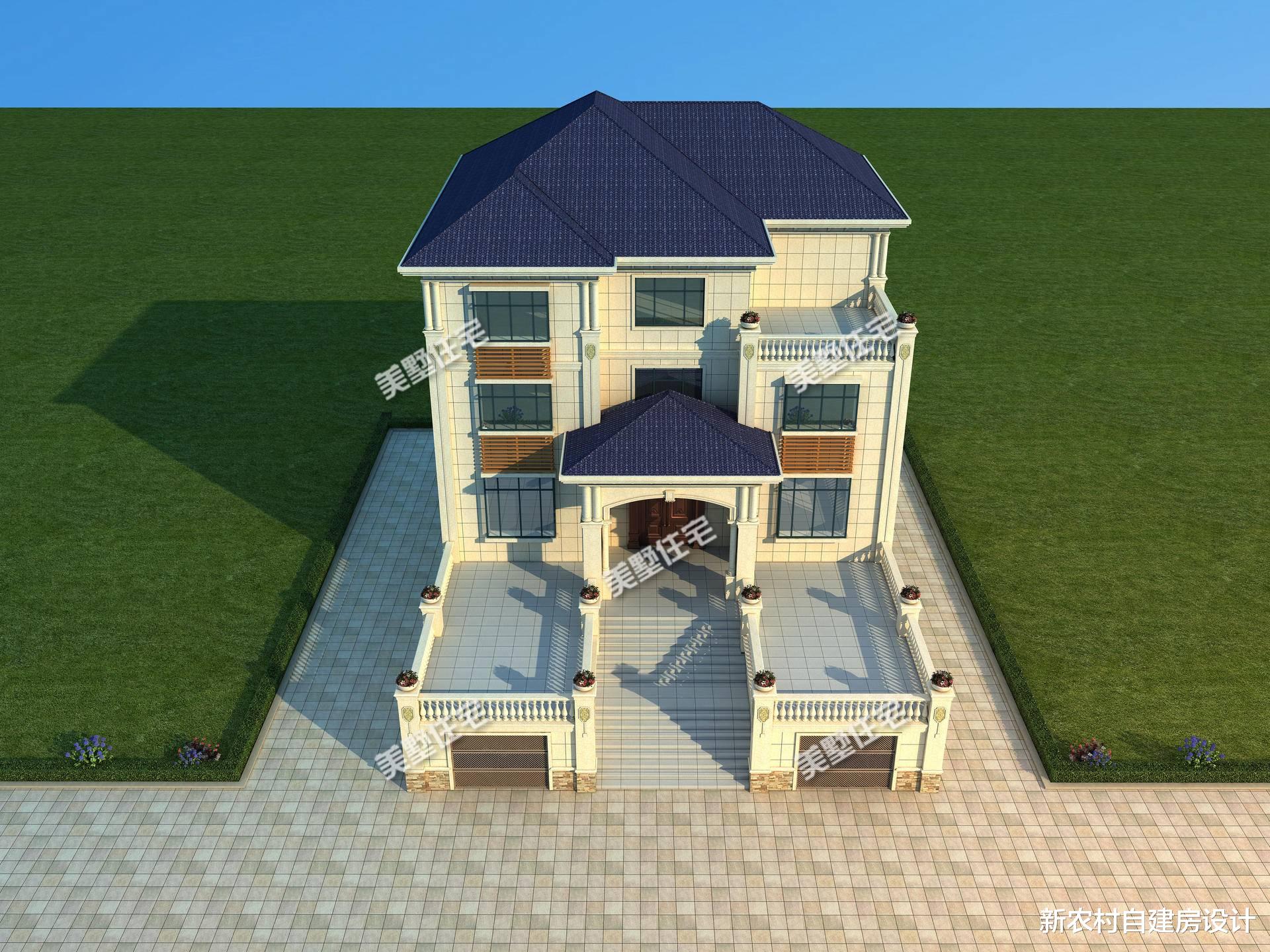 ▲带双车库的三层别墅，入户口有楼梯和大露台，村里人都爱来这坐坐