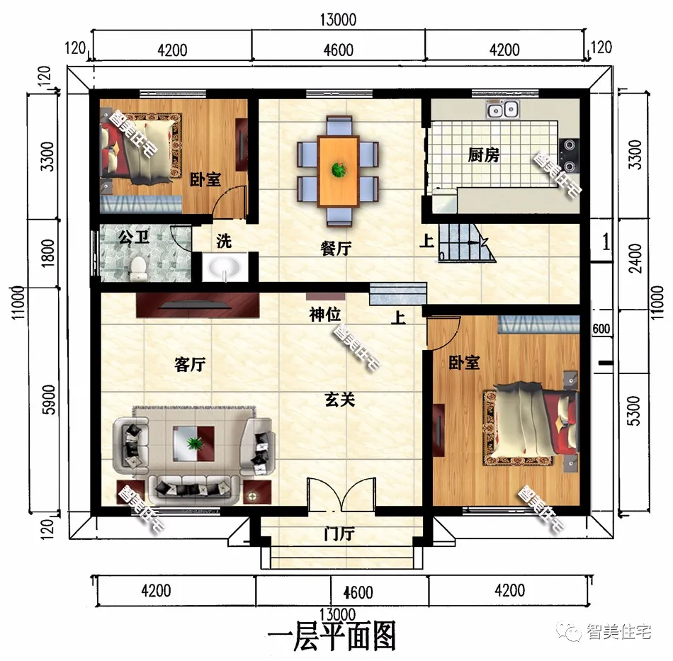「」开间尺寸为13米，简单两层小别墅，外观对称设计很美