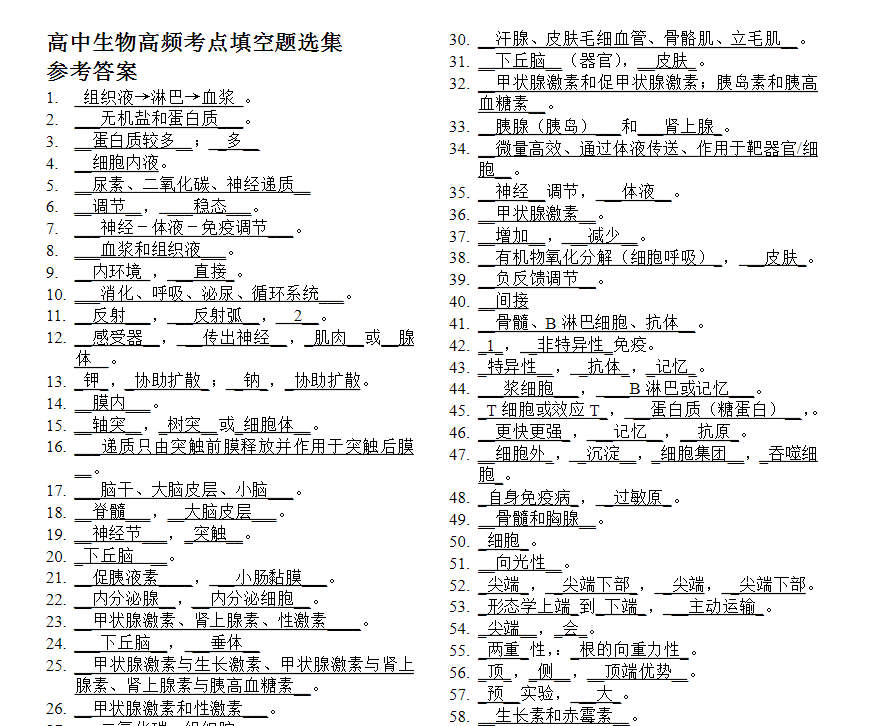 []高中生物：193个必考重点（填空版含答案）早晚背一遍，稳上90