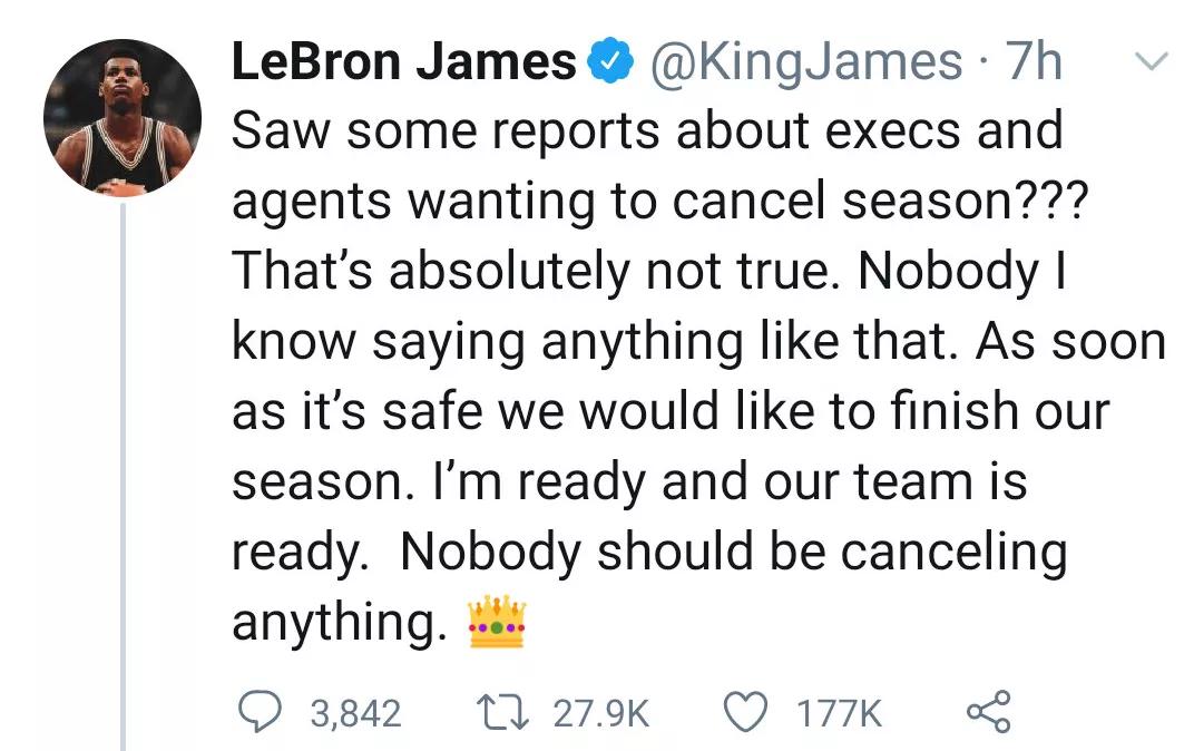 『勒布朗·詹姆斯』取消赛季？湖人总冠军恐怕要没了？詹姆斯急了，刚刚发话了