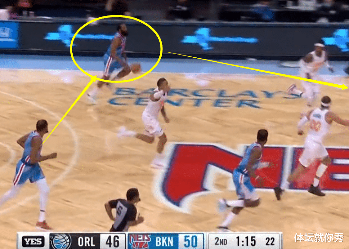 詹姆斯·哈登|5秒進攻！哈登首秀2次18米長傳助攻，3人都防不住，把KD看入迷了