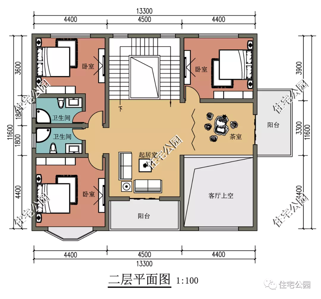 |挑空客厅+双入户门，13×11米二层舒适美宅