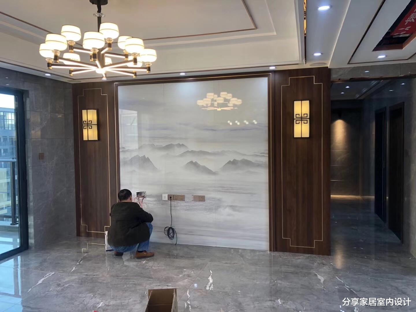 |新房终于完工啦,艺术瓷砖电视墙非常漂亮,木工打的柜子很满意!