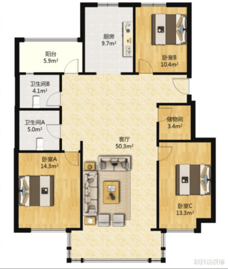 |135㎡简欧三居室，阳台打通并且装上落地窗，杂物房改成衣帽间