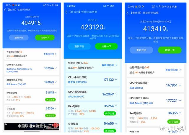 跑分|三星S20U/iQOO Z1/三星S10e，实机跑分看性能差距