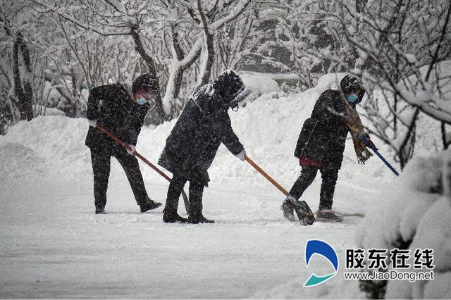 胶东在线 风雪路上港城勤劳铲雪人