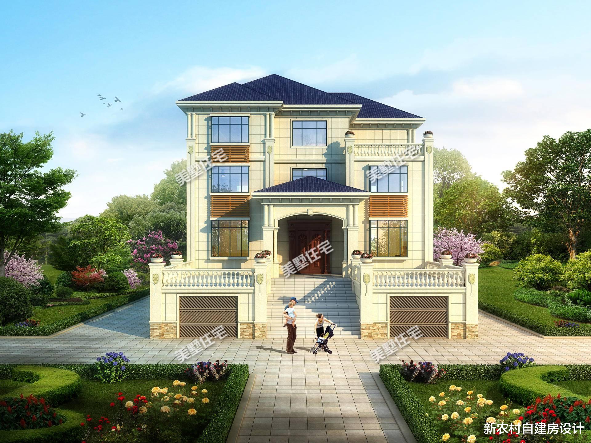 ▲带双车库的三层别墅，入户口有楼梯和大露台，村里人都爱来这坐坐