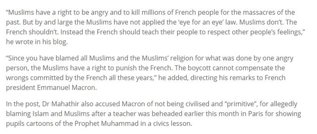 馬哈蒂爾怒瞭：穆斯林有權對法國感到憤怒並去屠殺上百萬法國人-圖2