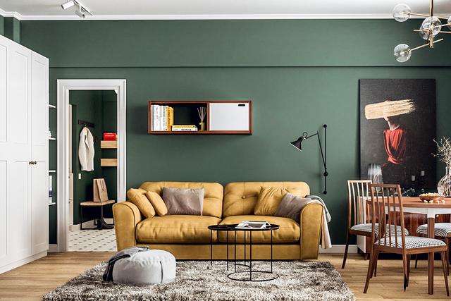 『』她家是深色系北欧现代风格,以绿为主色调,呈现一种奢华优雅之美