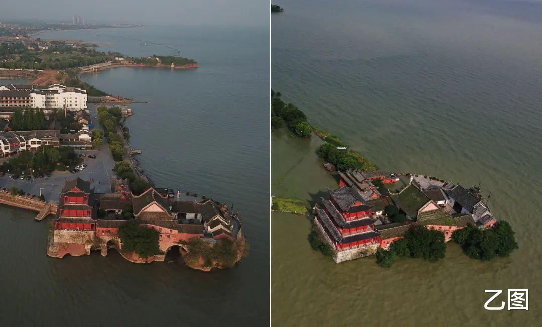 乙图|航拍巢湖1700年古庙，被洪水围困成孤岛，仍巍然屹立