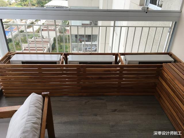 『』阳台装修学学她家吧，沿墙打排3米长卡座，晾衣、休闲、储物3不误