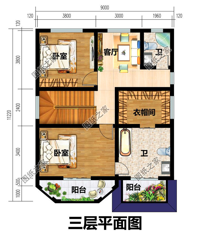 衣帽间|开间9米农村三层别墅图，宅基地再小也能建出来气派的房子