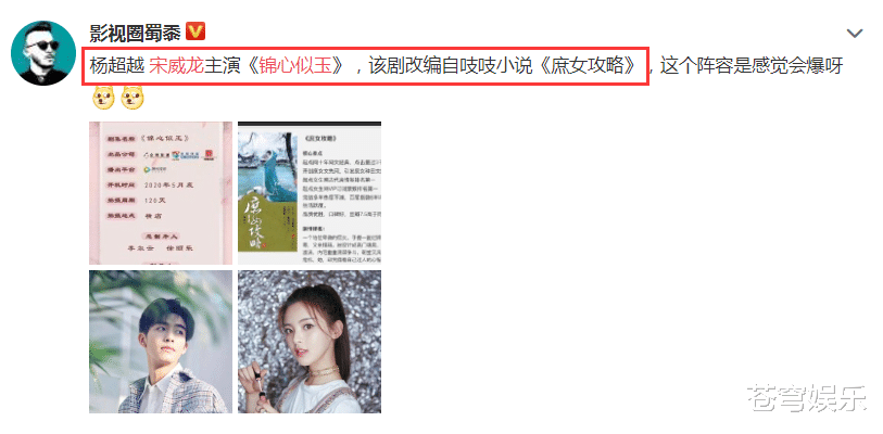 「宋威龙」宋威龙鞠婧祎新剧还没播，又将与另一女爱豆合作？看颜值就满足了