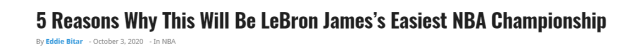 湖人队|湖人夺冠太轻松?美媒列五大理由来证明,有三支球队詹姆斯没遇到